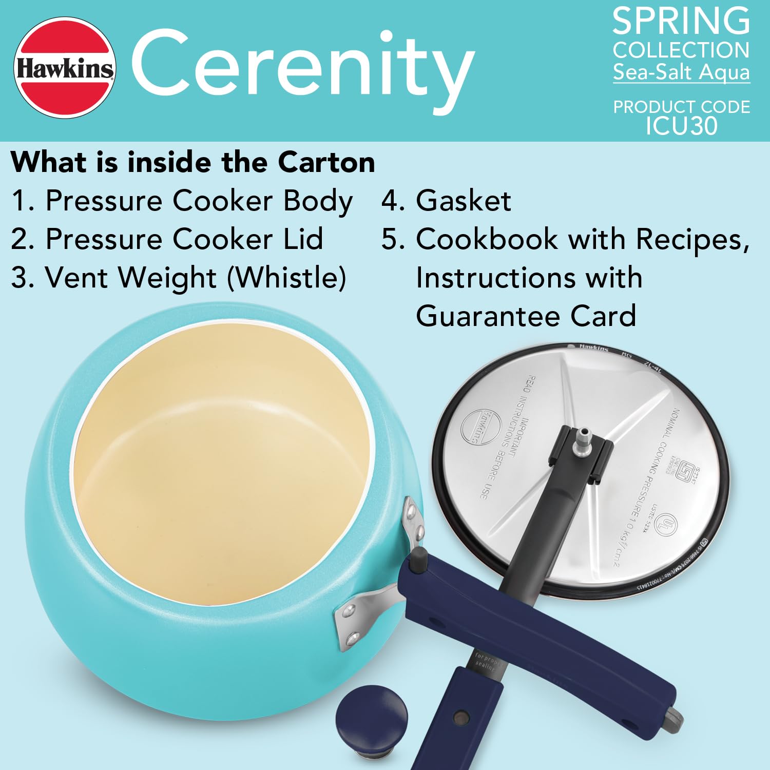 Hawkins Cerenity 3L Pressure Cooker | Ceramic Coated Body | Contura Shaped | Induction & Gas Compatible | Cook Rice, Dal & Curries | ISI Certified | 5 Year Guarantee | Sea-Salt Aqua (ICU30) Visit the Hawkins Store - Alternate View