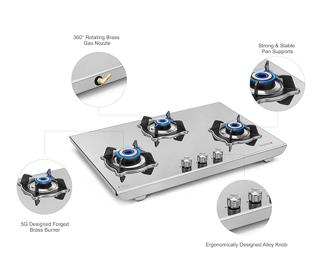 Sujata Robusto Gas Stove 3 Burners Steel | 9 Years Warranty, ISI Certified | 3 Burner Gas Stove Stainless Steel, Jumbo Brass Burner, LPG Ready & PNG Compatible (Steel Finish) - Detail View