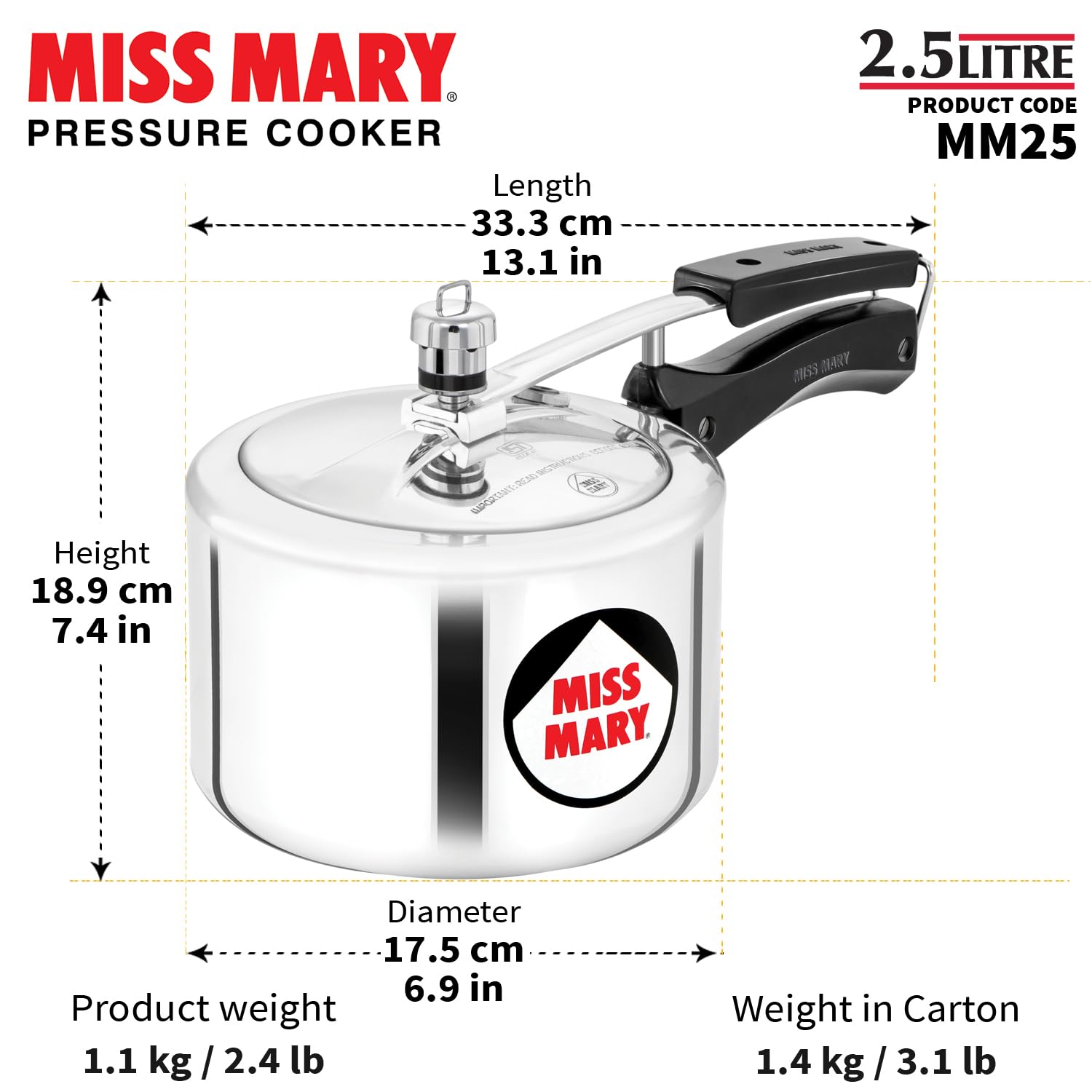 Hawkins 2.5 Litre Miss Mary Pressure Cooker, Inner Lid Cooker, Silver (MM25), Aluminium - Alternate View