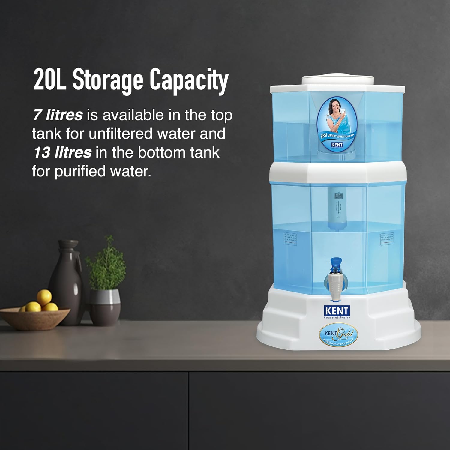 KENT Gold Gravity Water Purifier | UF Technology Based | Non-Electric & Chemical Free | Counter Top | 20L Storage | White - Detail View