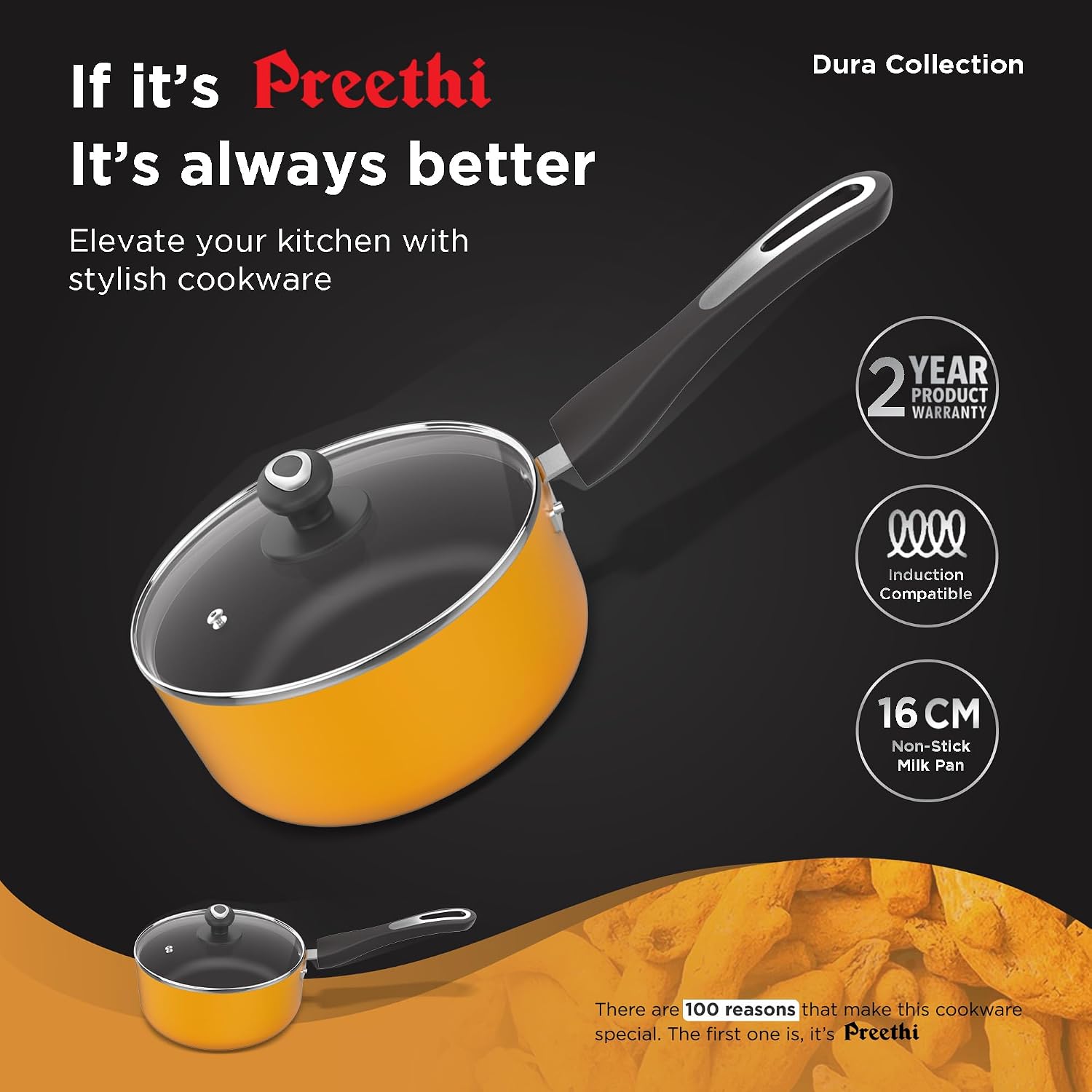 Preethi Dura Collection Non Stick Milk Pan, 18 cm, With Glass Lid - Alternate View