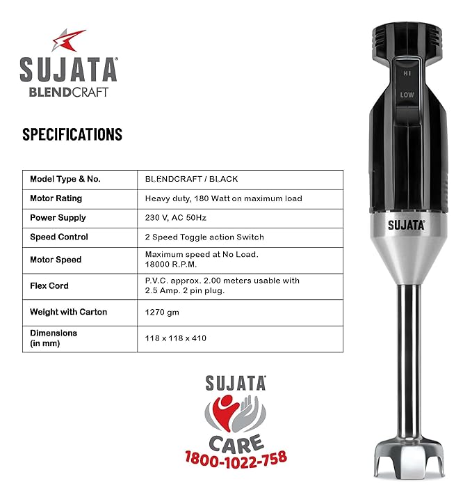 Sujata Blendcraft Hand Blender|180 Watts Motor|18000 RPM|2 Speed Toggle Action Switch|Super Quick Blending| (Black) - Alternate View