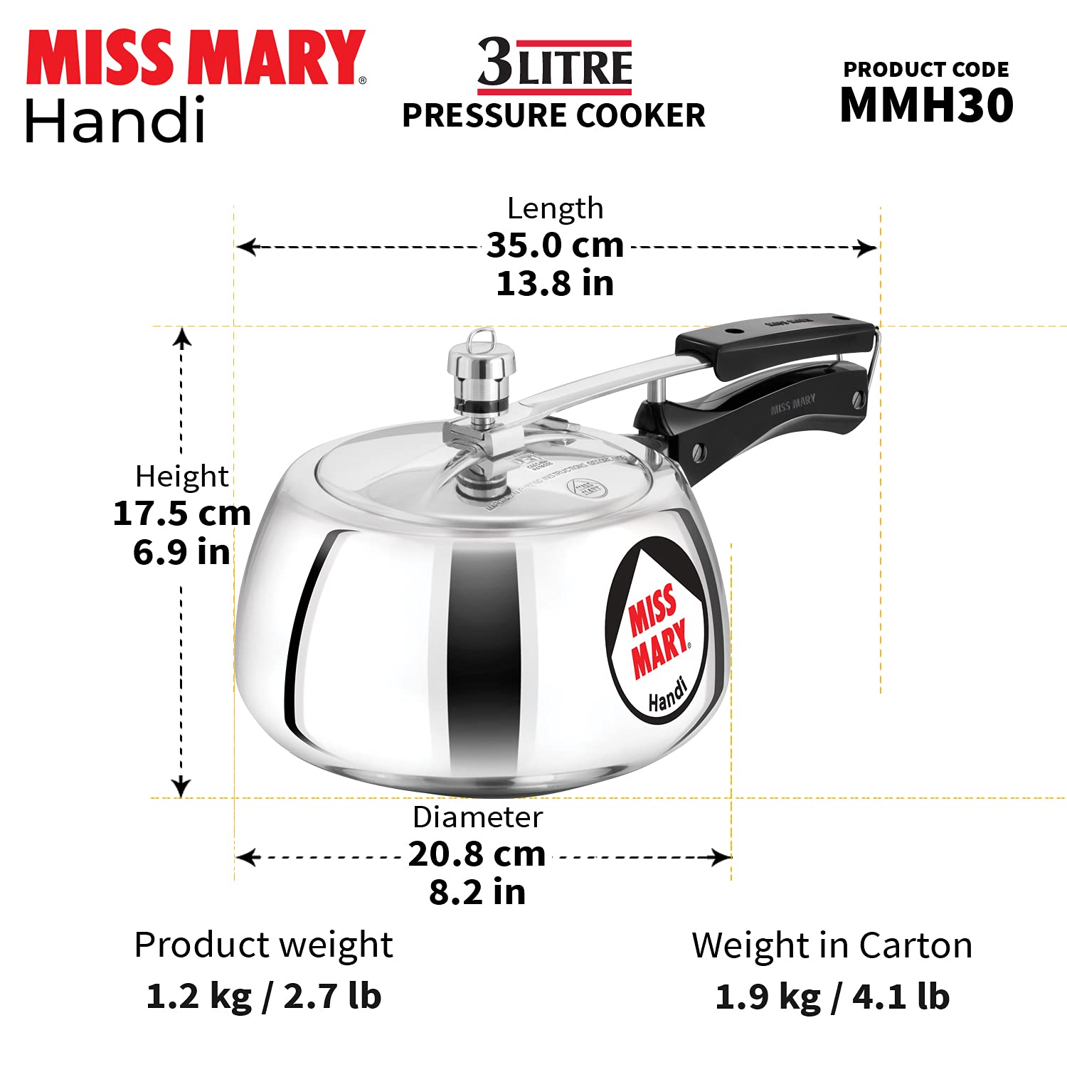 Hawkins 3 Litre Miss Mary Handi Pressure Cooker, Inner Lid Cooker, Silver (MMH30) Aluminium - Detail View