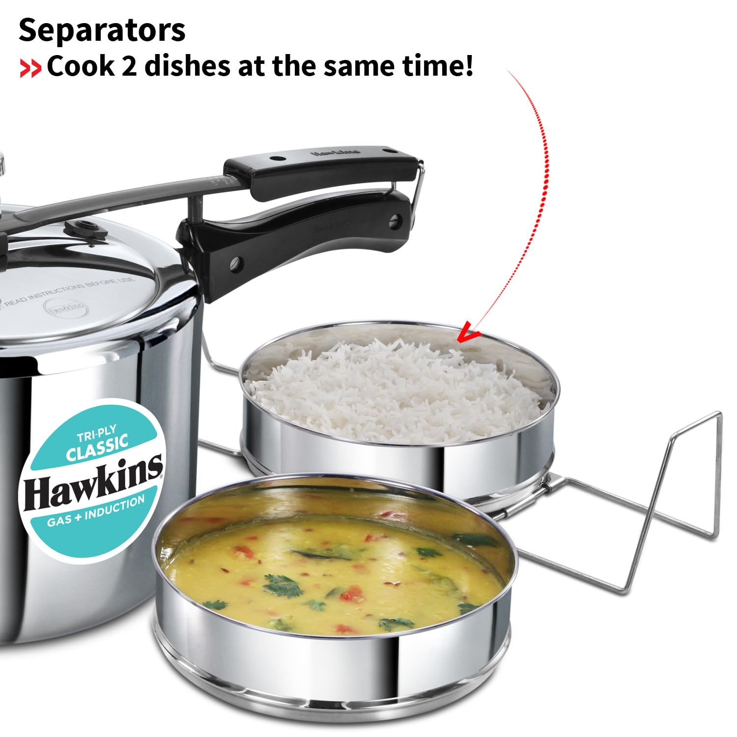 Hawkins Classic Tri-Ply Stainless Steel 5 Litre with Separators (SSTCL51) - Detail View