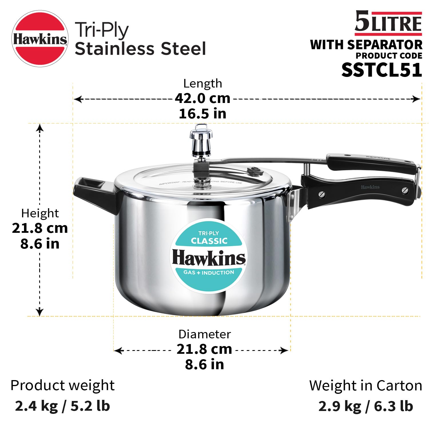Hawkins Classic Tri-Ply Stainless Steel 5 Litre with Separators (SSTCL51) - Alternate View