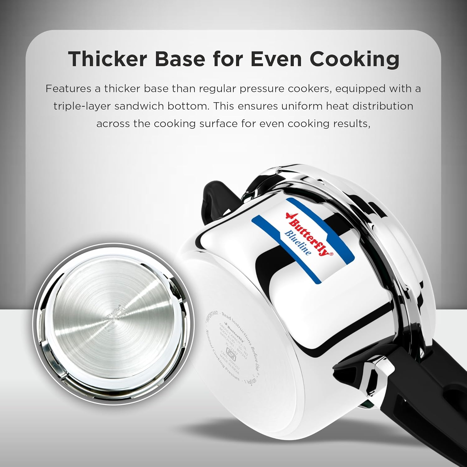 Butterfly Blue Line 10L Pressure Cooker| Stainless Steel | Induction & Gas Stove Compatible - Detail View