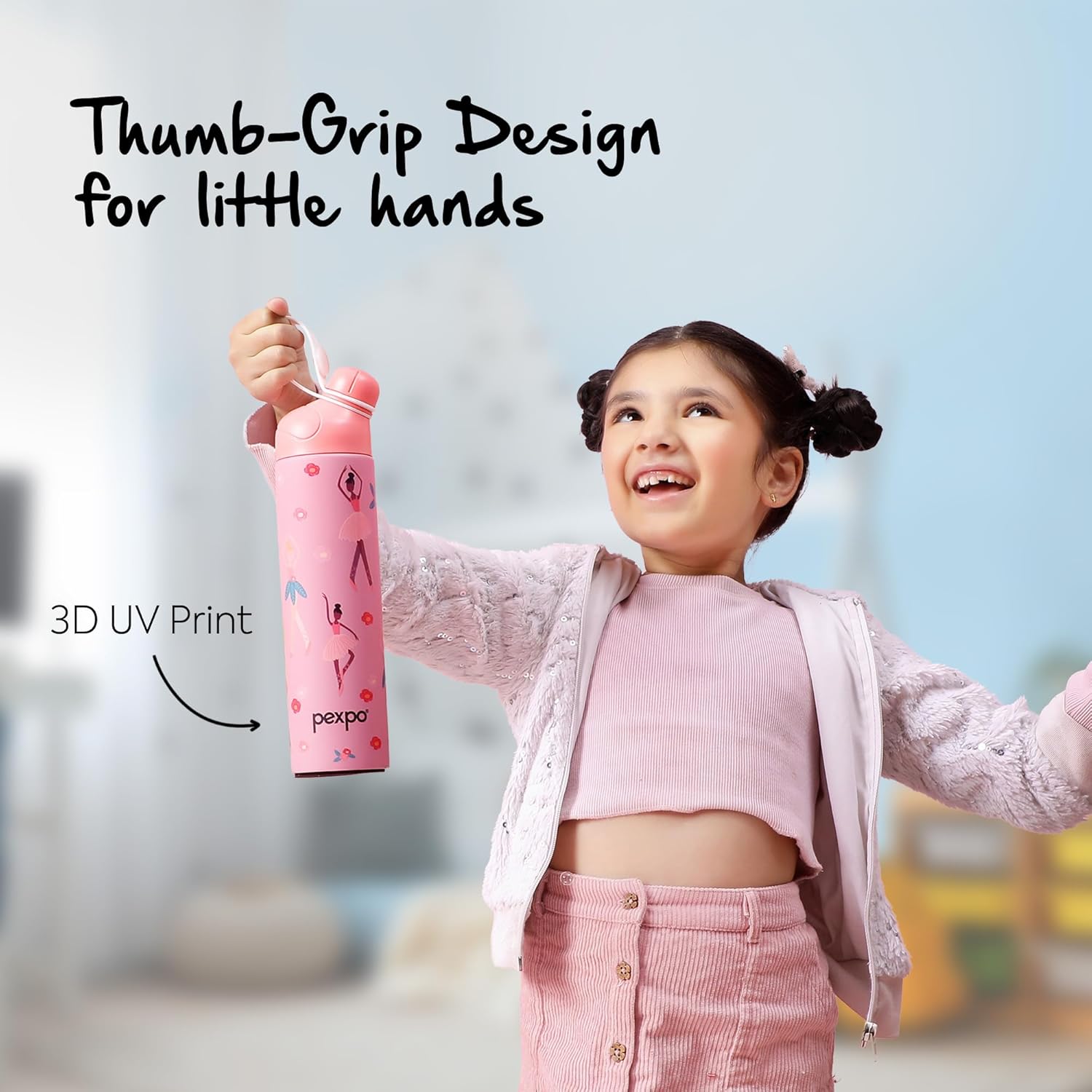 Go24 pexpo Water Bottle for School Kids, ISI Certified Stainless Steel Sipper Bottle for Kids 470ml | Hot & Cold Thermos Insulated Water Bottle|6+ Years Kids|Pico 500 - Pink - Dancing Girl - Detail View