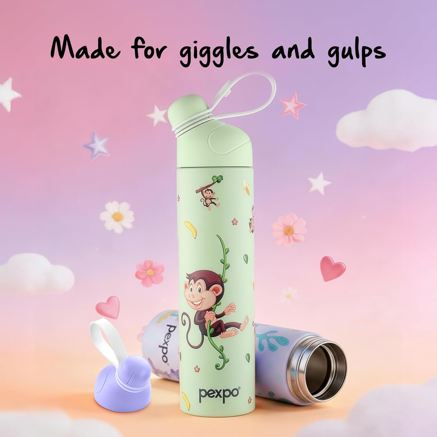 Go24 pexpo Water Bottle for School Kids, ISI Certified Stainless Steel Sipper Bottle for Kids 470ml | Hot & Cold Thermos Insulated Water Bottle|6+ Years Kids|Pico 500 - Green - Monkey - Alternate View