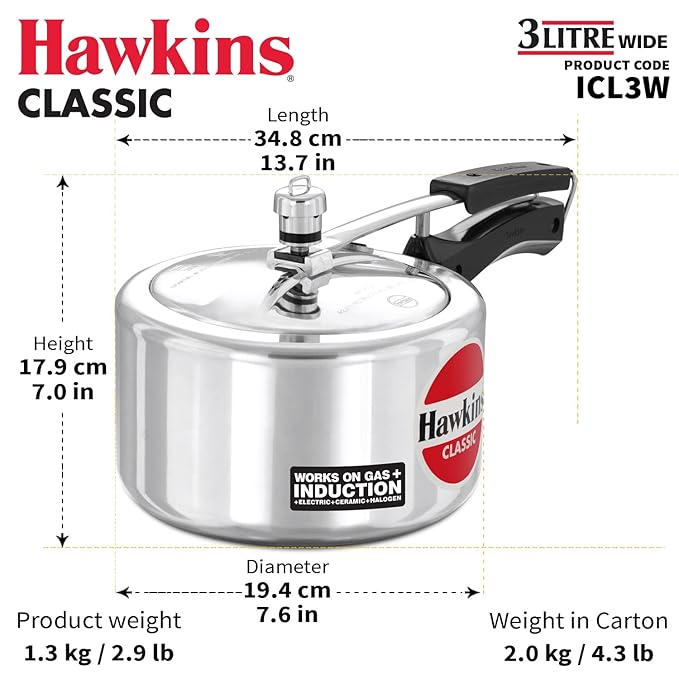 Hawkins Classic 3 Litre Inner Lid Aluminium Pressure Cooker, Induction Cooker, Wide Design Pan Cooker, Silver (Icl3W), 3 Liter - Alternate View