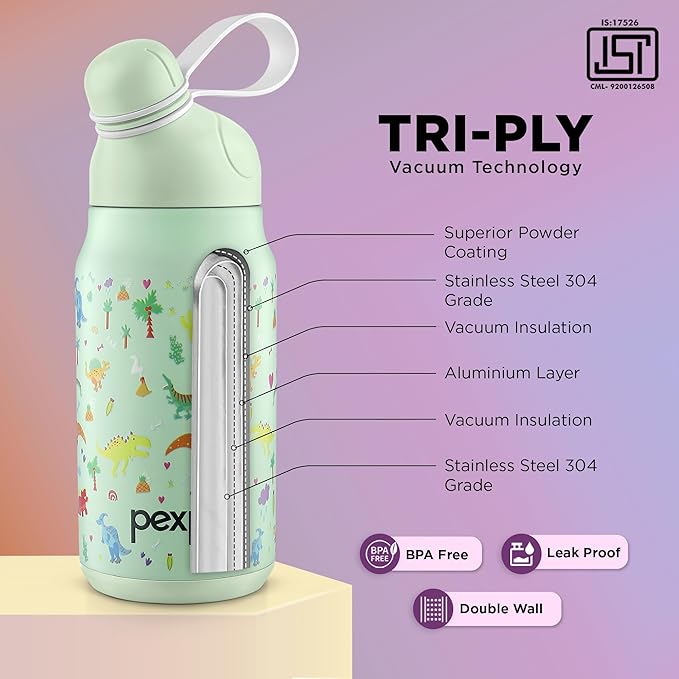 Go24 pexpo Piano Pro 450 ISI Certified Stainless Steel Water Bottle for School Kids - 420ml | 6+ Years Age |Hot & Cold | with Sipper Cap |Double Wall | for Picnic, Outing - Green Dino Printed - Alternate View