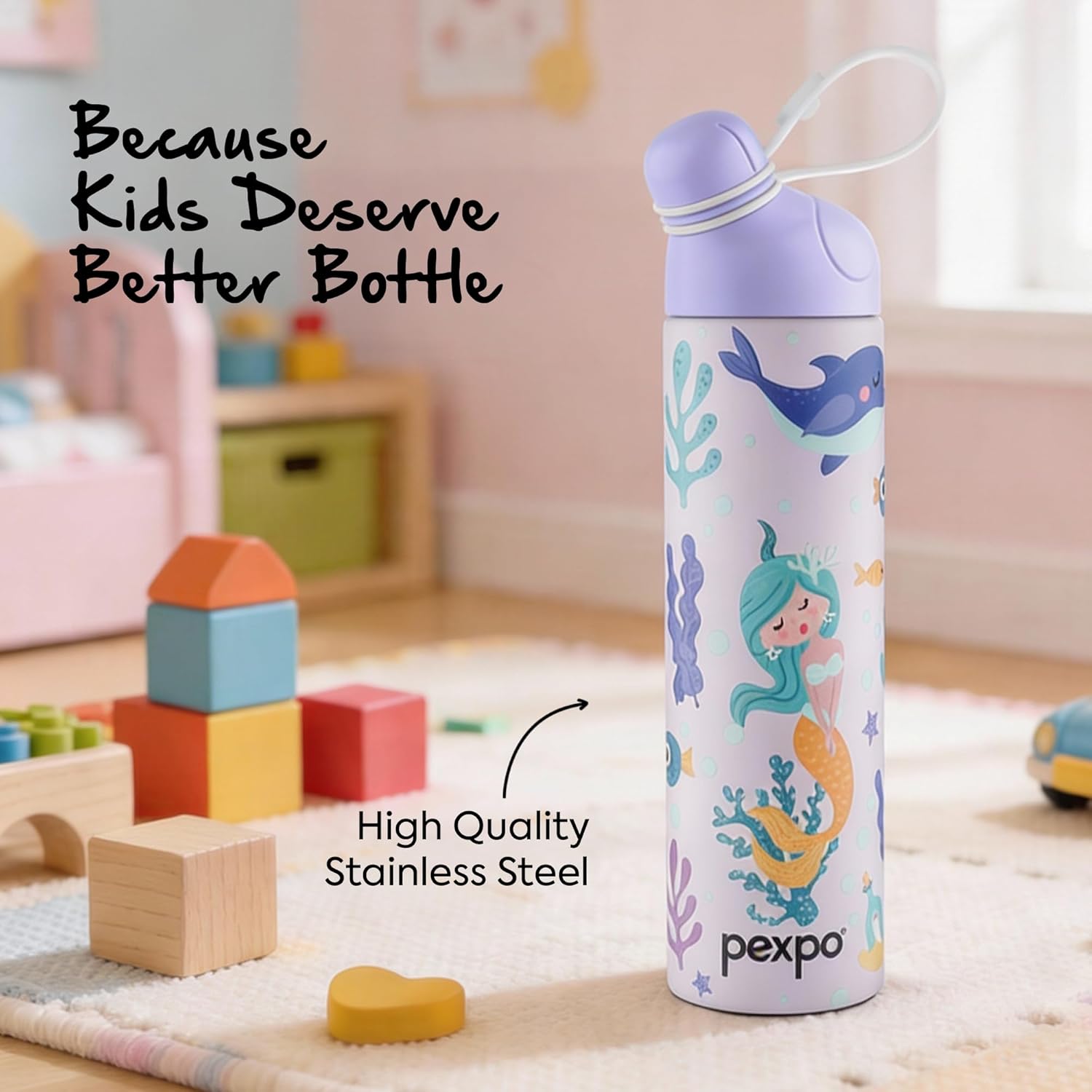 Go24 pexpo Water Bottle for School Kids, ISI Certified Stainless Steel Sipper Bottle for Kids 470ml | Hot & Cold Thermos Insulated Water Bottle|6+ Years Kids|Pico 500 - Purple - Mermaid - Alternate View