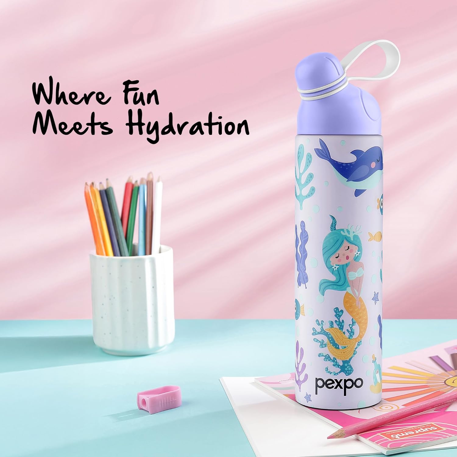 Go24 pexpo Water Bottle for School Kids, ISI Certified Stainless Steel Sipper Bottle for Kids 470ml | Hot & Cold Thermos Insulated Water Bottle|6+ Years Kids|Pico 500 - Purple - Mermaid - Detail View