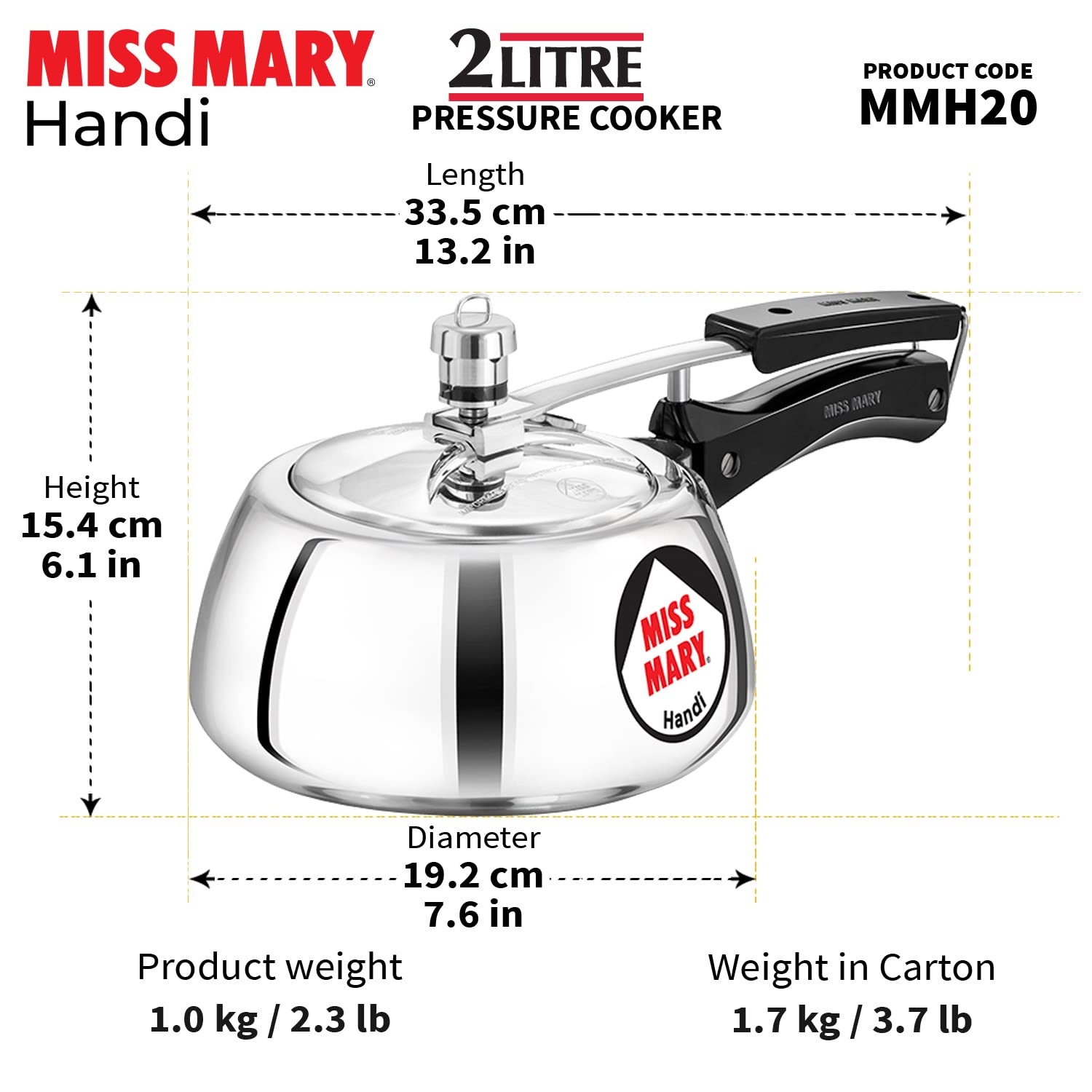 Hawkins 2 Litre Miss Mary Handi Pressure Cooker, Small Inner Lid Cooker, Silver (MMH20),Aluminium - Alternate View