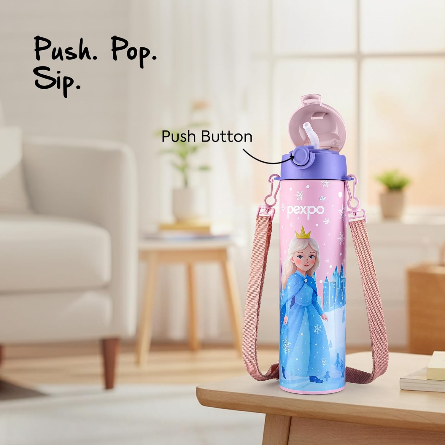 Go24 pexpo Pixy 500 ISI Certified Stainless Steel Water Bottle for School Kids - 470ml | Double Wall | Hot & Cold Vacuum Insulated Flask | 4+ Years Kids | School, Picnic - Pink Frozen Doll Print - Alternate View