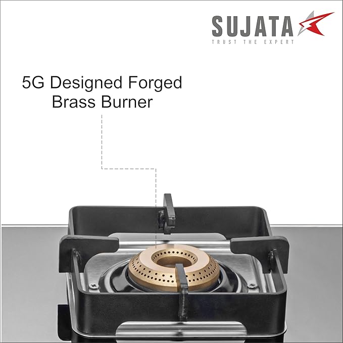 Sujata Regal Manual Gas Stove 2 Burners Glass Top | 9 Years Warranty | Gas Stove with Brass Burners | SABAF Technology | ISI Certified | LPG & PNG Compatible | 360° Rotating Brass Nozzle (Black) - Detail View