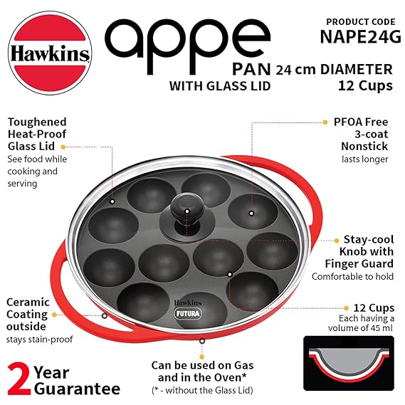 Hawkins 24 cm Appe Pan, Non Stick Paniyaram/Paniyarakkal/Kuzhi/Paniyaram/Ponganalu/Litti Pan with Glass Lid, Aluminum handle, 12 Cups, Red (NAPE24G) - Detail View