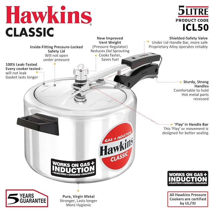 Hawkins Aluminium 5 Litre Classic Pressure Cooker, Induction Inner Lid Cooker, Pan Cooker, Best Cooker, Silver (Icl50) - Alternate View