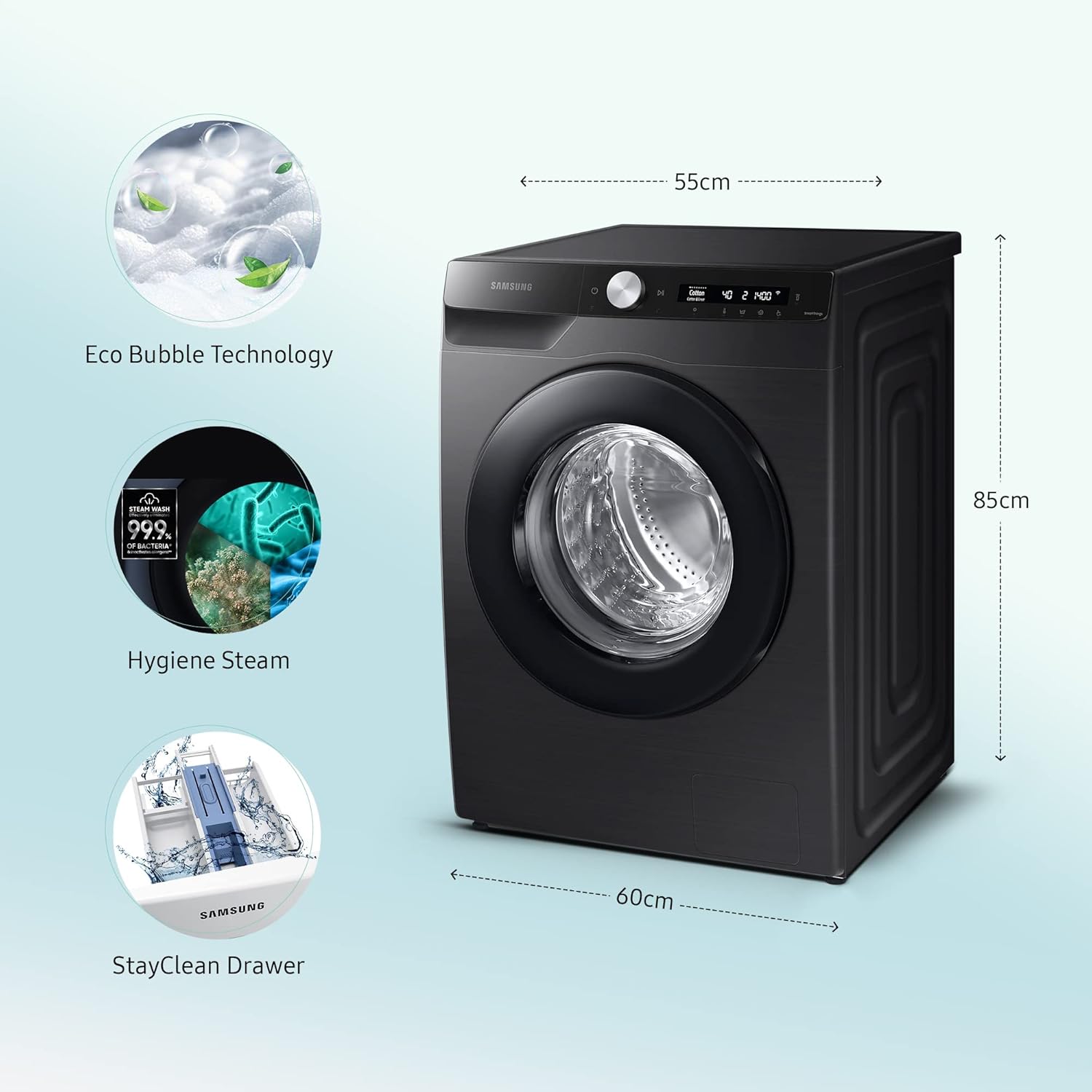 Samsung 9 Kg 5 Star Wi-Fi Inverter Fully-Automatic Front Loading Washing Machine Appliance (WW90T504DAB1TL) - Detail View