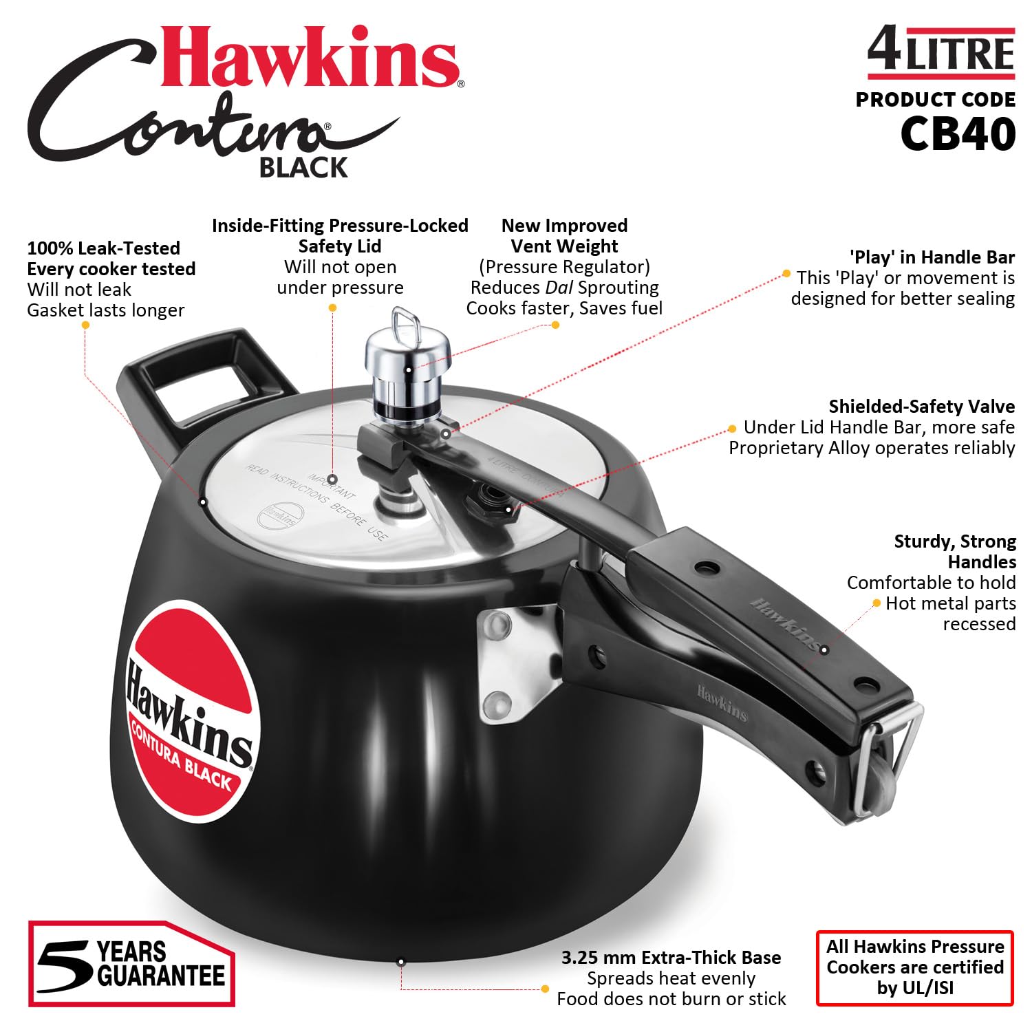 Hawkins 4 Litre Contura Black Pressure Cooker, Hard Anodised Inner Lid Cooker, Handi Cooker, Black (Cb40), 4 Liter - Detail View