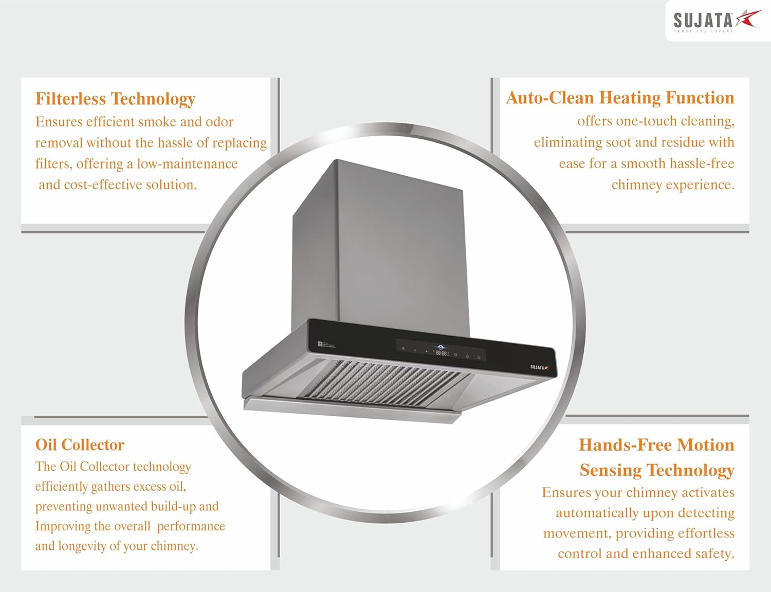 SUJATA Zircon 90, 1750 CMH Auto Clean Chimney Motion Sensor 90 cm Grey 1750 CMH 90 cm Auto Clean Chimney (Wall Mounted, Grey) - Detail View