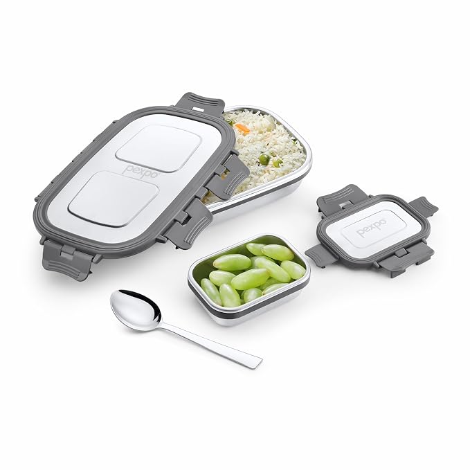 Go24 pexpo Steel Mate Stainless Steel Lunch Box for Kids (700ml) with Small Container (150ml) with Spoon - Grey  - Detail View