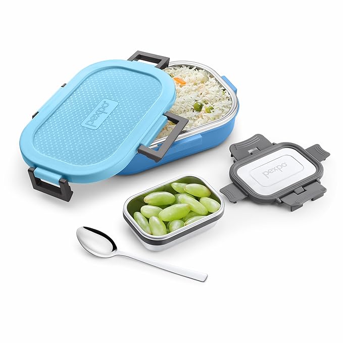 Go24 pexpo Tasty Bite Stainless Steel Insulated Tiffin Box for Kids (650ml) & Small Container (150ml) with Spoon - Blue - Detail View