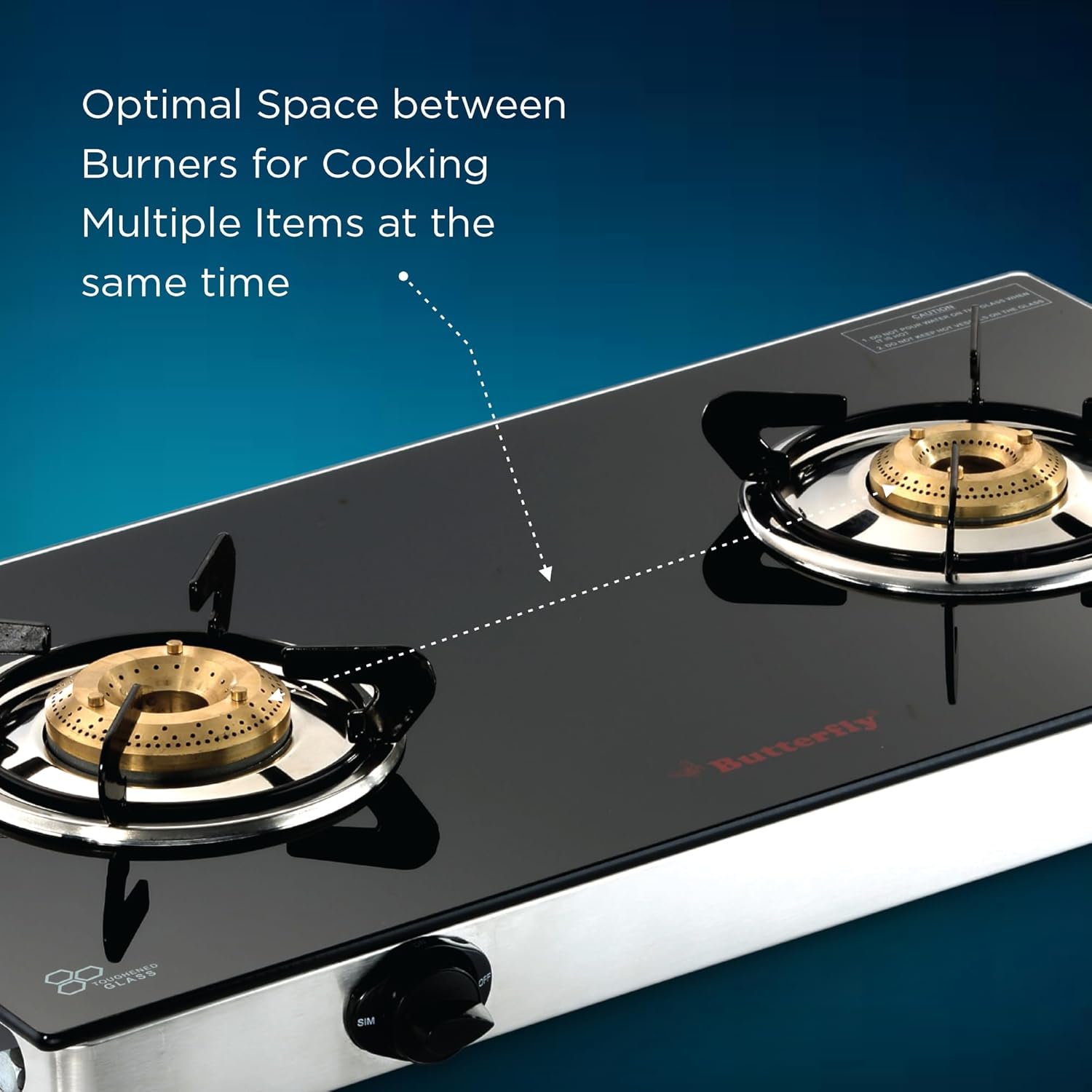 Butterfly Radiant Jumbo 2 Burner Glass Top Gas Stove | Tri-pin Brass Burners - Alternate View