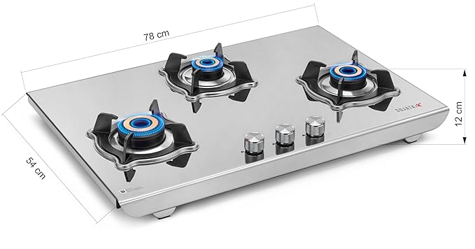 Sujata Robusto Gas Stove 3 Burners Steel | 9 Years Warranty, ISI Certified | 3 Burner Gas Stove Stainless Steel, Jumbo Brass Burner, LPG Ready & PNG Compatible (Steel Finish) - Alternate View