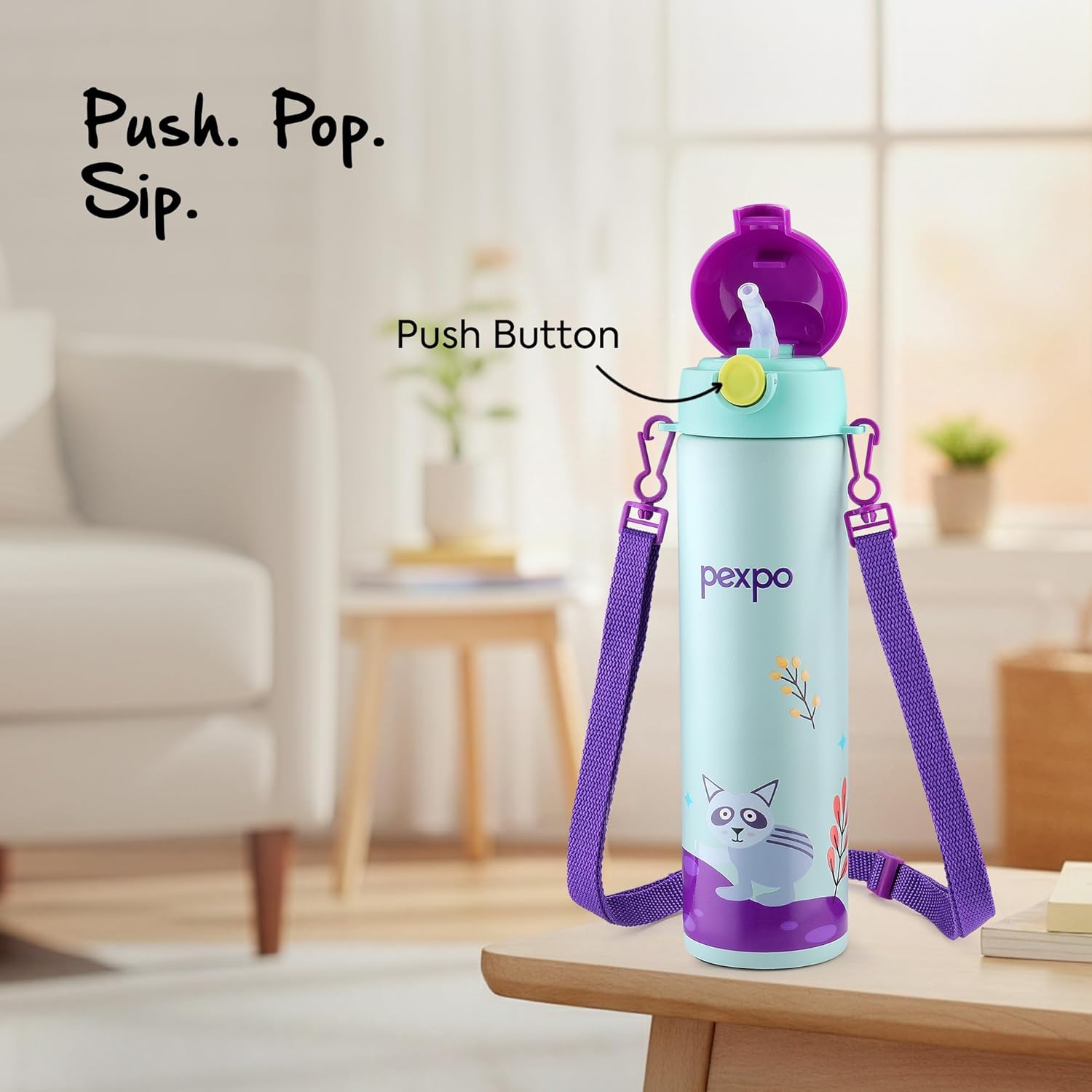 Go24 pexpo Pixy 500 ISI Certified Stainless Steel Water Bottle for School Kids - 470ml | Double Wall | Hot & Cold Vacuum Insulated Flask | 4+ Years Kids | School, Picnic - Sea Green Raccoon Print - Alternate View