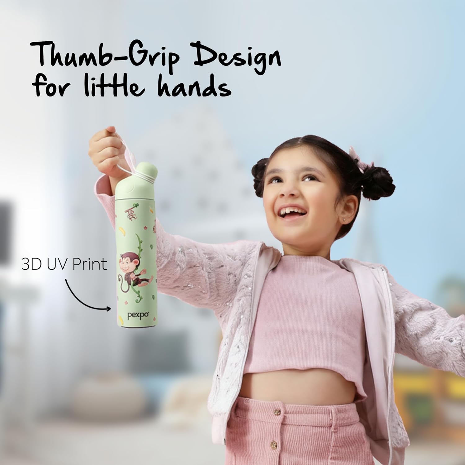 Go24 pexpo Water Bottle for School Kids, ISI Certified Stainless Steel Sipper Bottle for Kids 470ml | Hot & Cold Thermos Insulated Water Bottle|6+ Years Kids|Pico 500 - Green - Monkey - Detail View