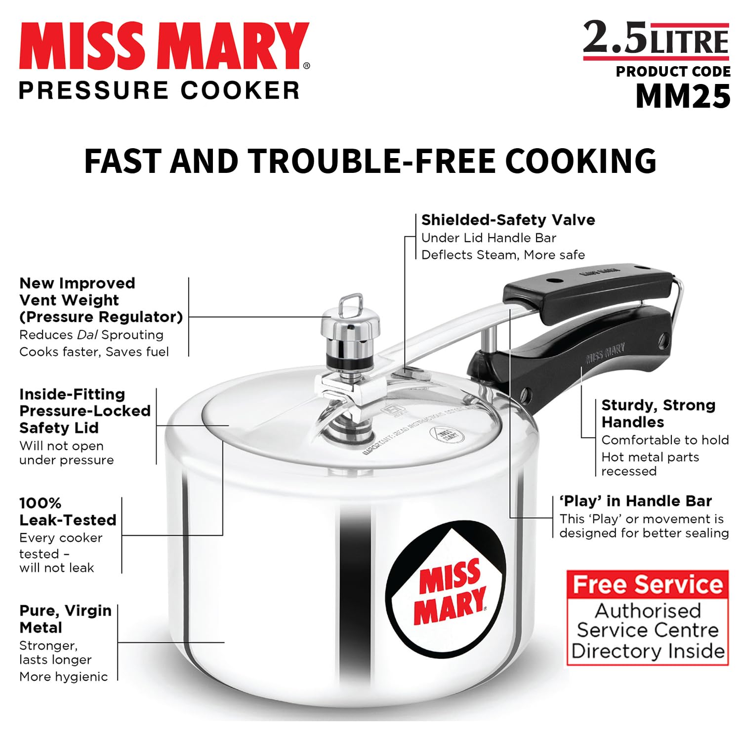 Hawkins 2.5 Litre Miss Mary Pressure Cooker, Inner Lid Cooker, Silver (MM25), Aluminium - Detail View