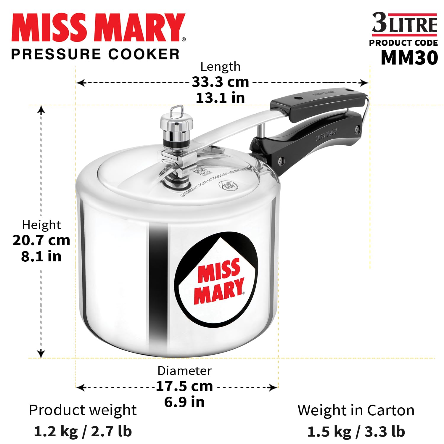 Hawkins 3 Litre Miss Mary Pressure Cooker, Inner Lid Cooker, Silver (MM30) - Alternate View