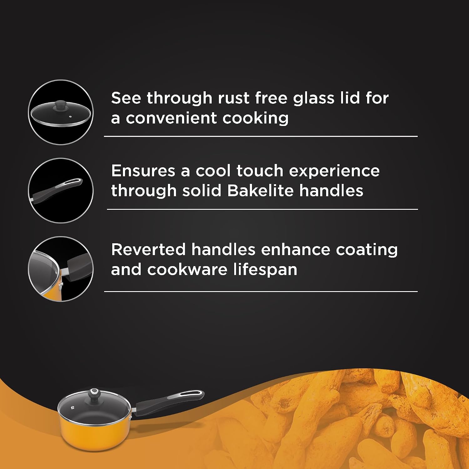 Preethi Dura Collection Non Stick Milk Pan, 18 cm, With Glass Lid - Detail View