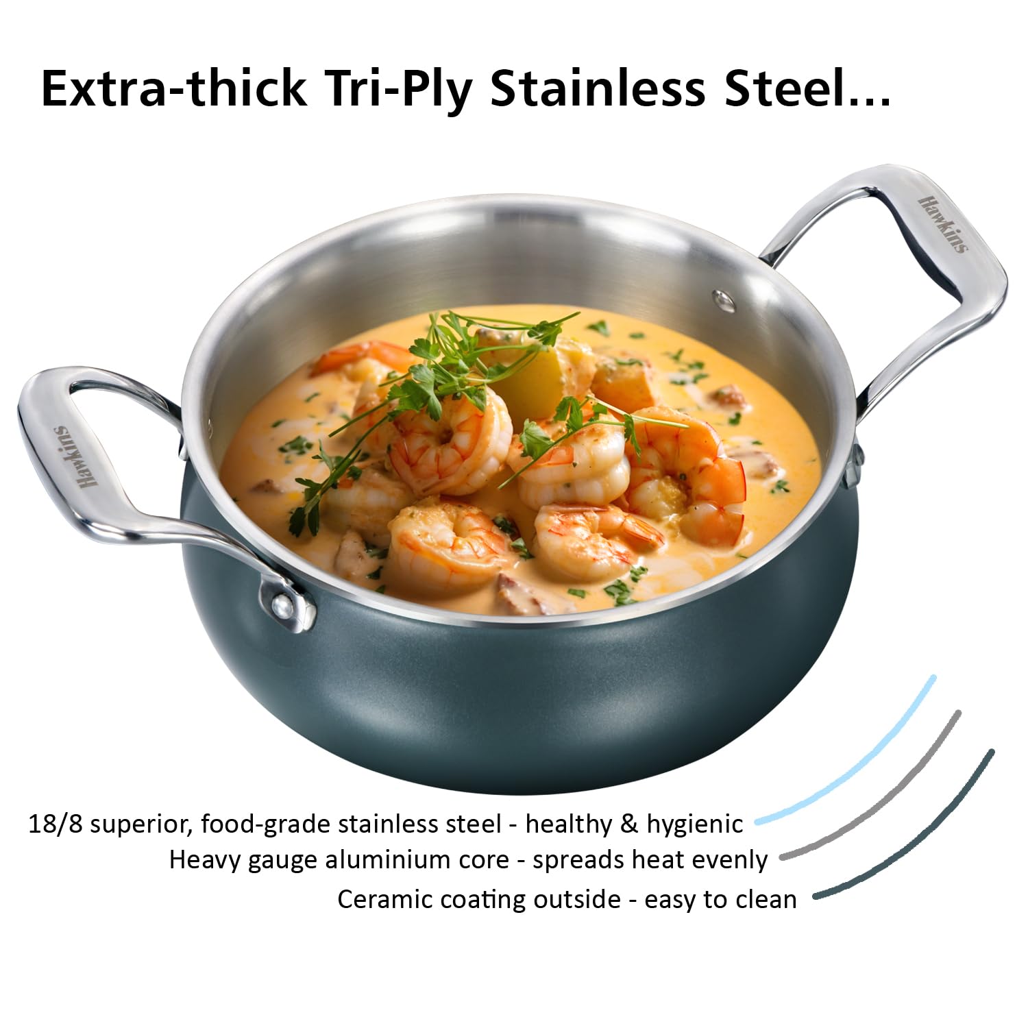 Induction Compatible Olive Pro 3 Litre SS Tri-Ply Handi with Glass Lid (POSH30G) - Detail View