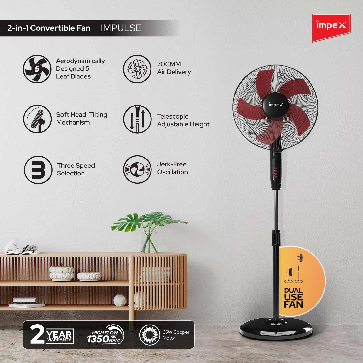 Impex Pedestal Fan 400 mm 2 in 1 (Red and Black) , PF35 - Alternate View