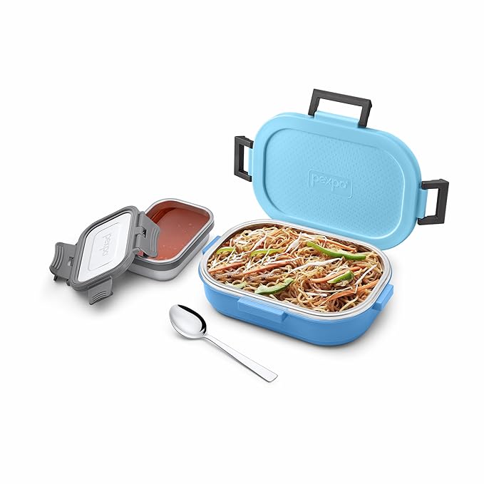 Go24 pexpo Tasty Bite Stainless Steel Insulated Tiffin Box for Kids (650ml) & Small Container (150ml) with Spoon - Blue