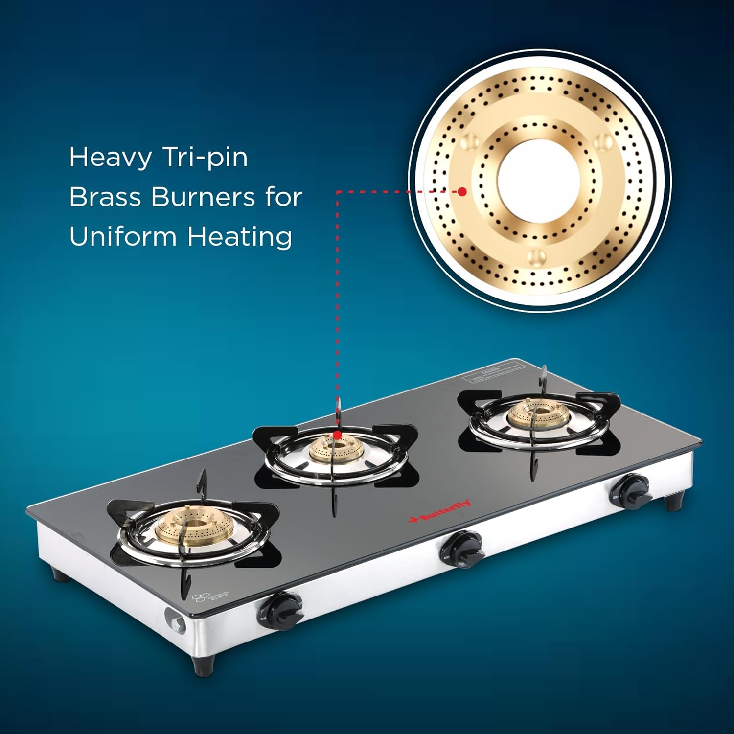 Butterfly Radiant Jumbo 2 Burner Glass Top Gas Stove | Tri-pin Brass Burners - Detail View
