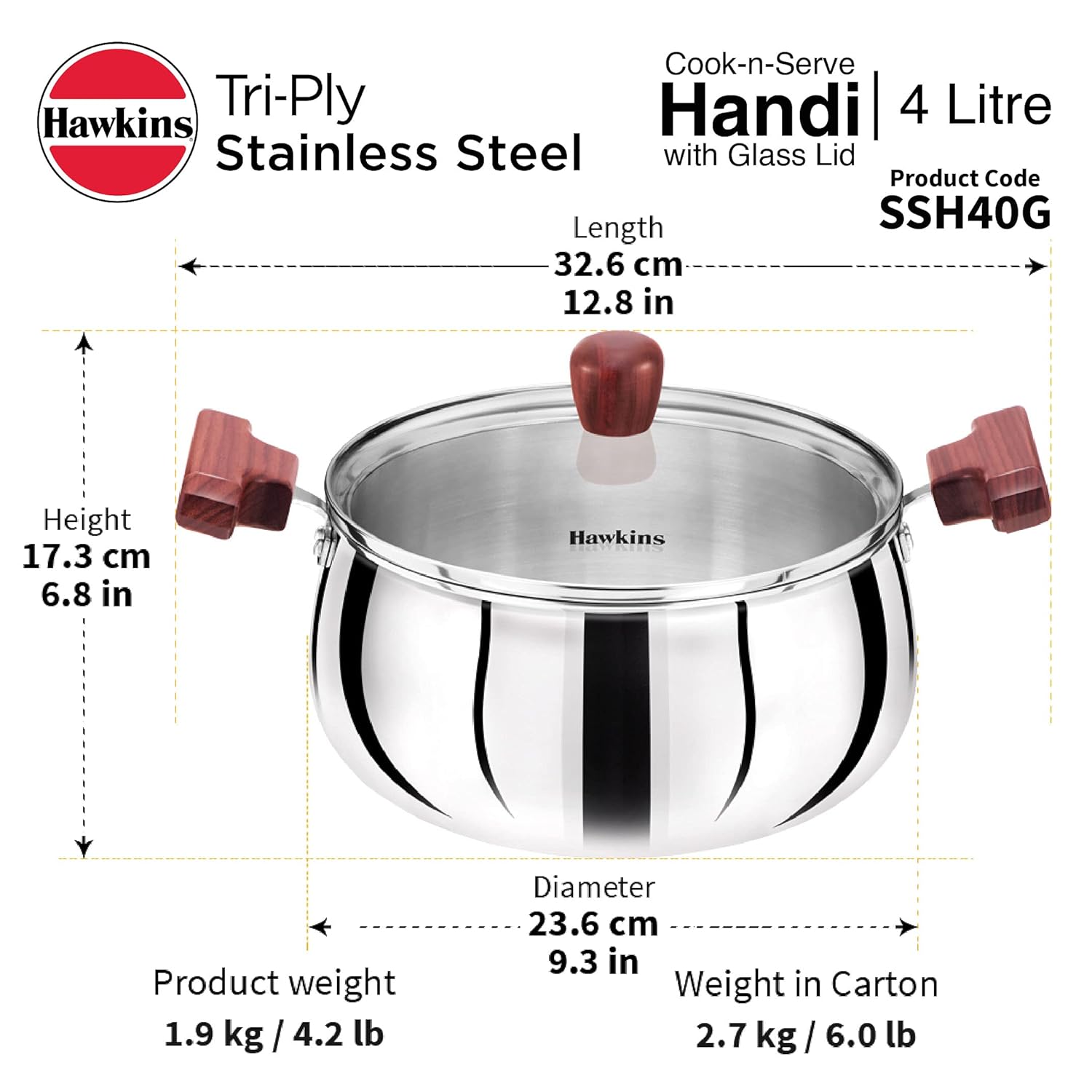 Hawkins 4 Litre Cook n Serve Handi, Triply Stainless Steel Handi with Glass Lid, Induction Sauce Pan, Saucepan, Silver (SSH40G) - Detail View