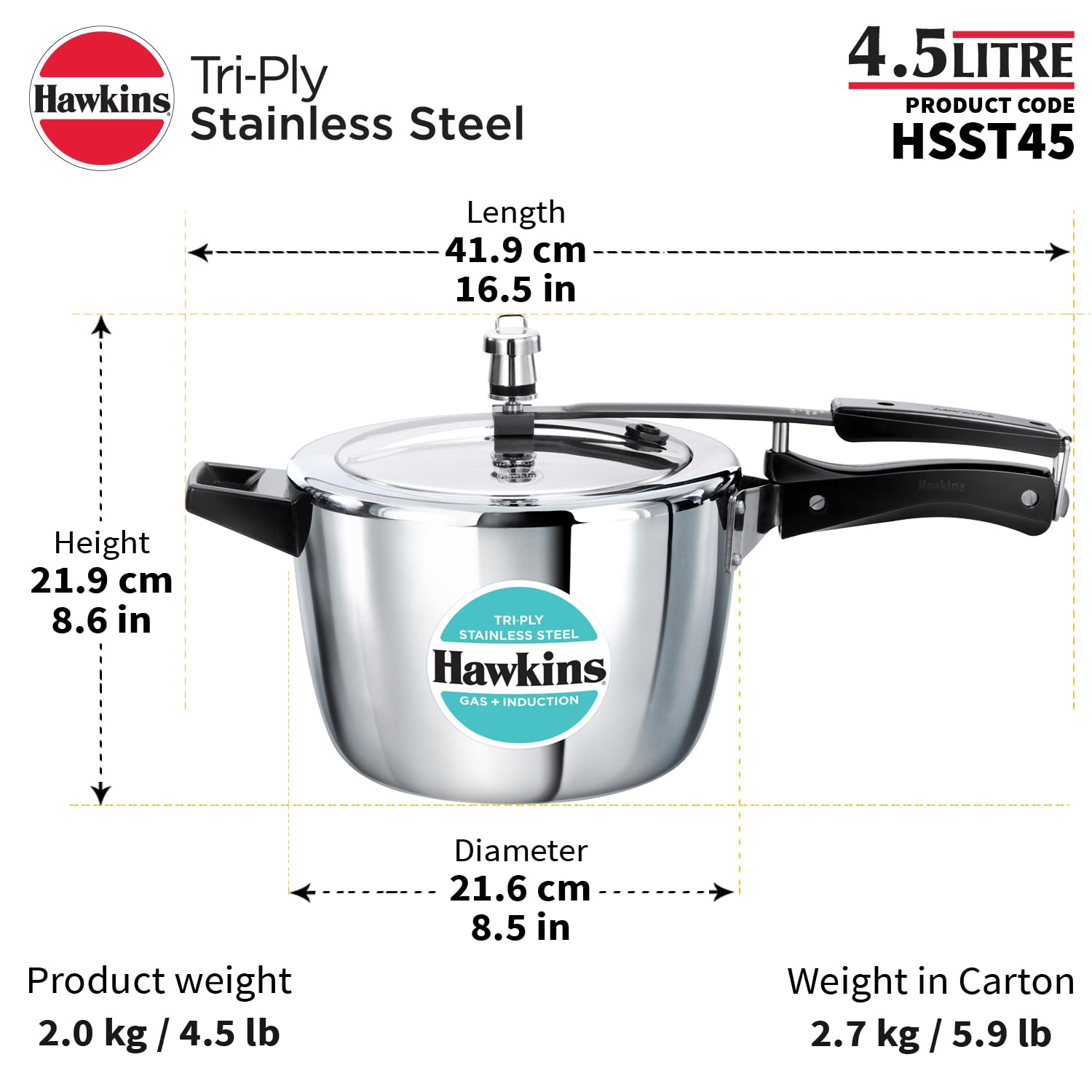 Hawkins Tri-Ply Stainless Steel 4.5 Litre (HSST45) - Alternate View