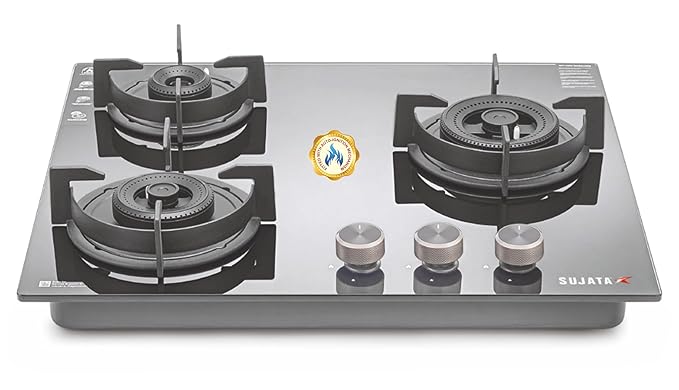 Sujata 3 Burner Gas Stove Glass Top | 5 Years Warranty | Auto Ignition Gas Stove 3 Burner, CookTop cum Hob Top 3 Burners, LPG & PNG Compatible, Brass Burner (Indium Auto Ignition - Black)