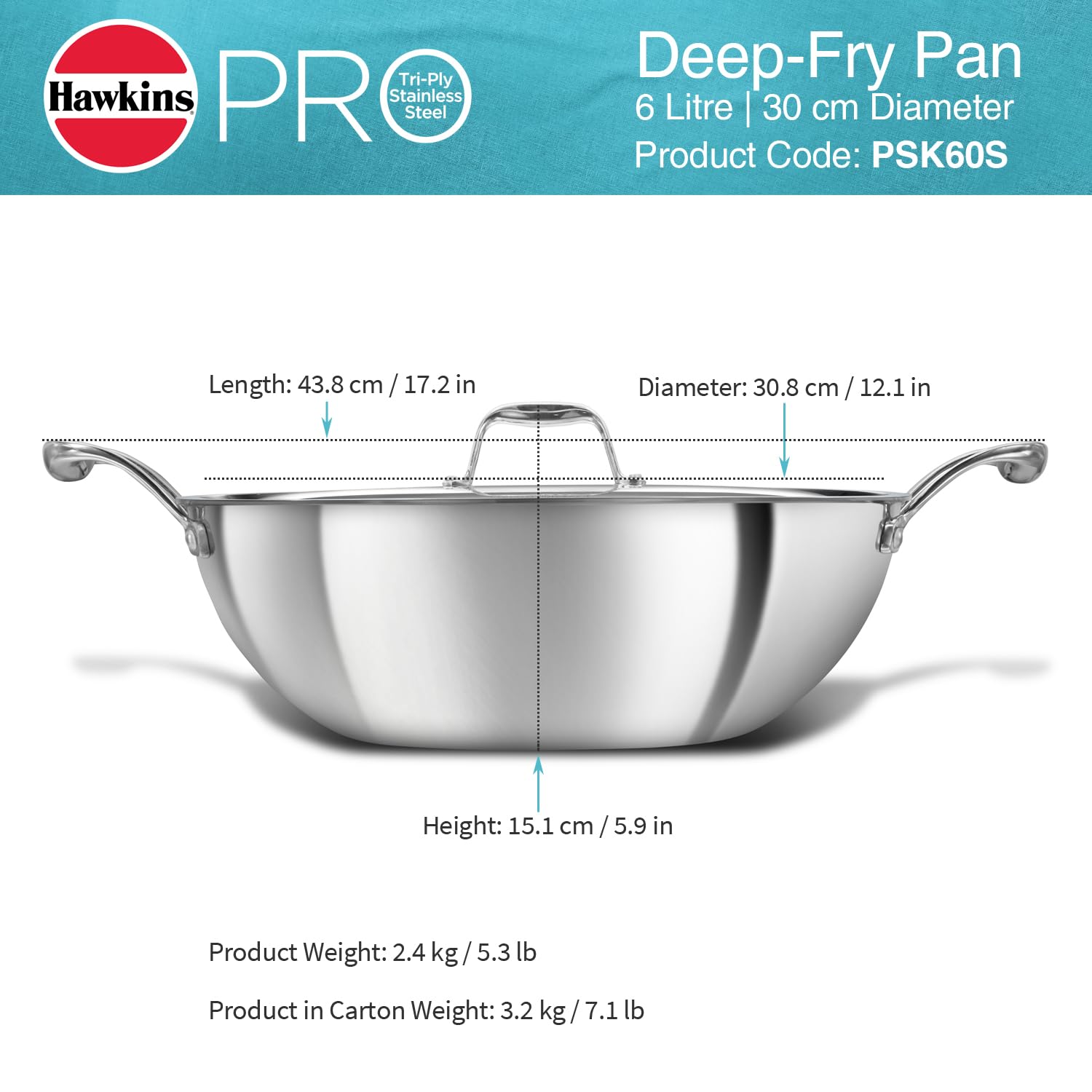 Hawkins Pro 6 Litre Deep-Fry Pan, Triply Stainless Steel Kadhai with Stainless Steel Handles and Stainless Steel Lid, Silver (PSK60S) - Alternate View