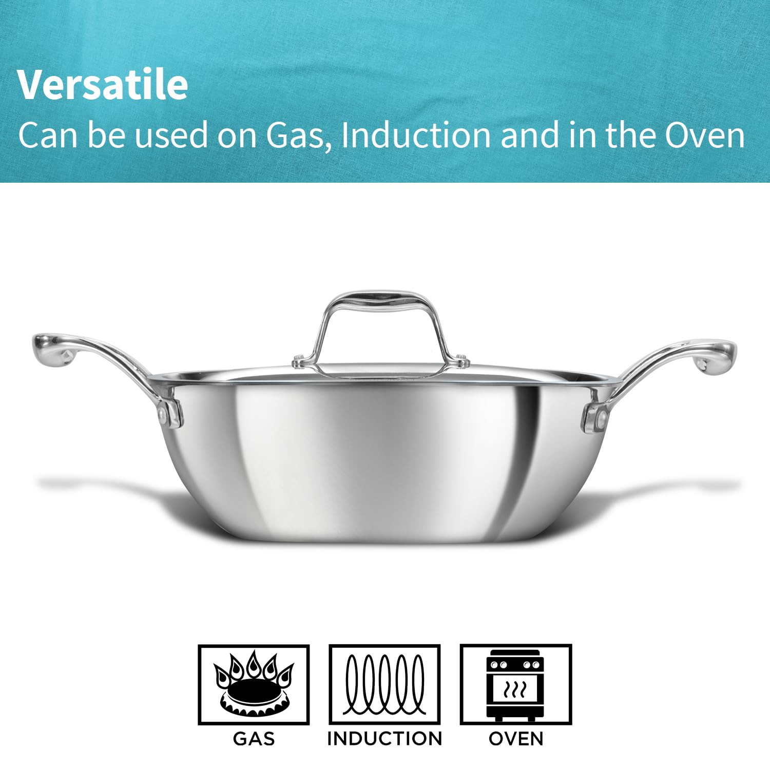 Induction Compatible SS Tri-ply PRO Deep-Fry Pan 2.5 Litre with Stainless Steel Lid (PSK25S) - Detail View