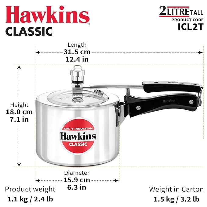 Hawkins Aluminium 2 Litre Classic Pressure Cooker, Tall Design, Induction Inner Lid Cooker, Pan Cooker, Silver (ICL2T) - Detail View