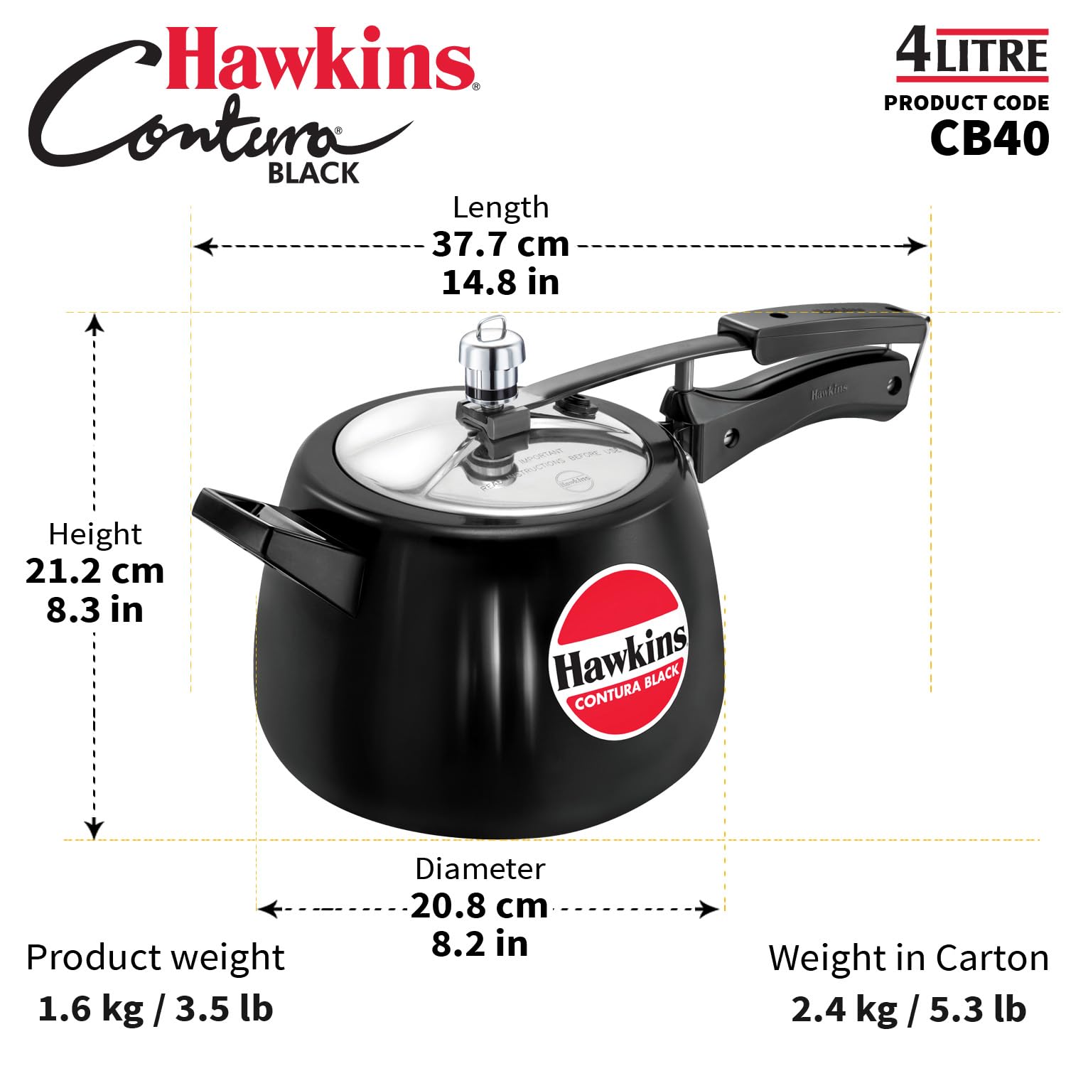 Hawkins 4 Litre Contura Black Pressure Cooker, Hard Anodised Inner Lid Cooker, Handi Cooker, Black (Cb40), 4 Liter - Alternate View