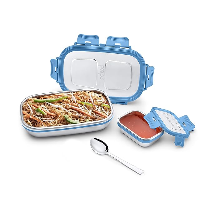 Go24 pexpo Steel Mate Stainless Steel Lunch Box for Kids (700ml) with Small Container (150ml) with Spoon - Blue