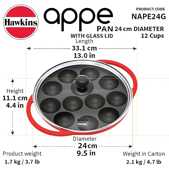 Hawkins 24 cm Appe Pan, Non Stick Paniyaram/Paniyarakkal/Kuzhi/Paniyaram/Ponganalu/Litti Pan with Glass Lid, Aluminum handle, 12 Cups, Red (NAPE24G) - Alternate View