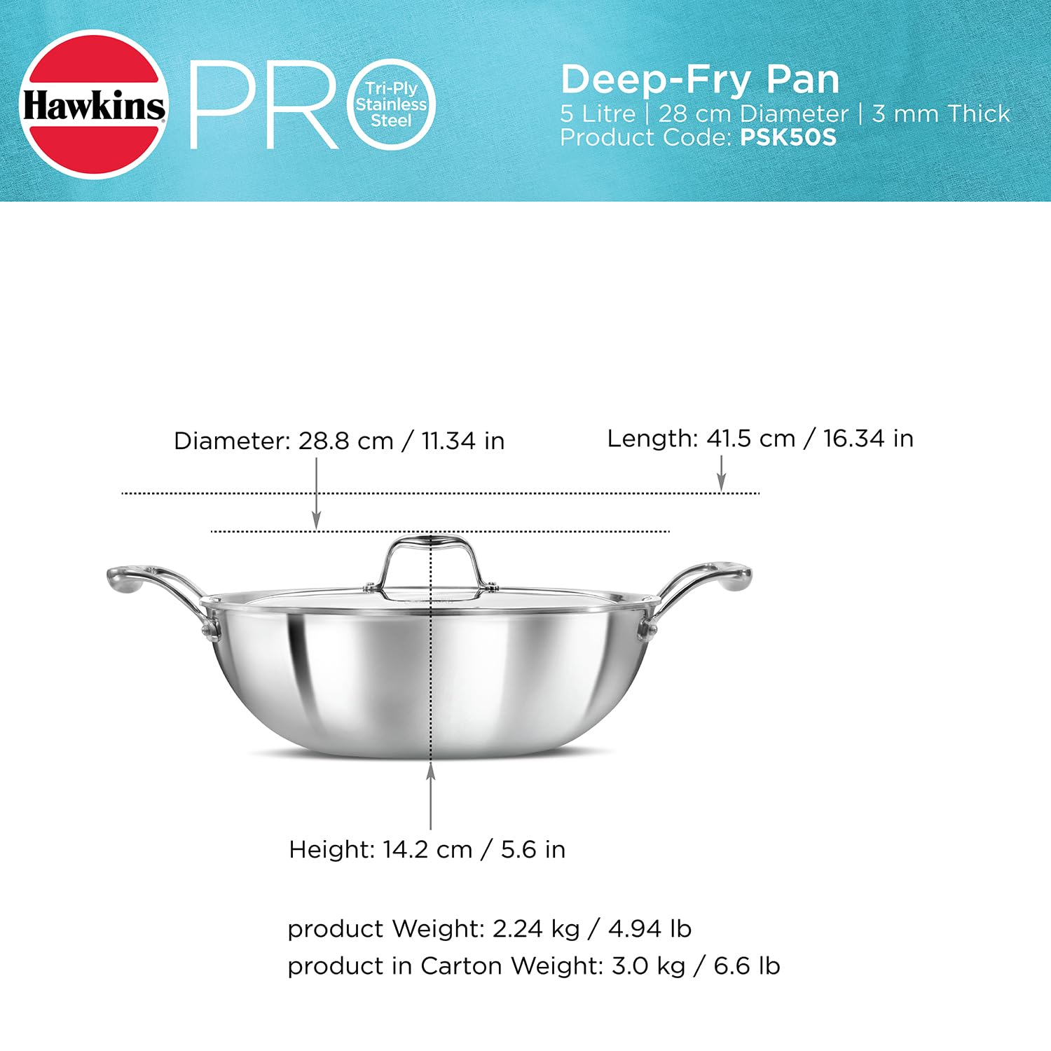 Hawkins Pro 5 Litre Deep-Fry Pan, Triply Stainless Steel Kadhai with Stainless Steel Handles and Stainless Steel Lid, Silver (PSK50S) - Detail View