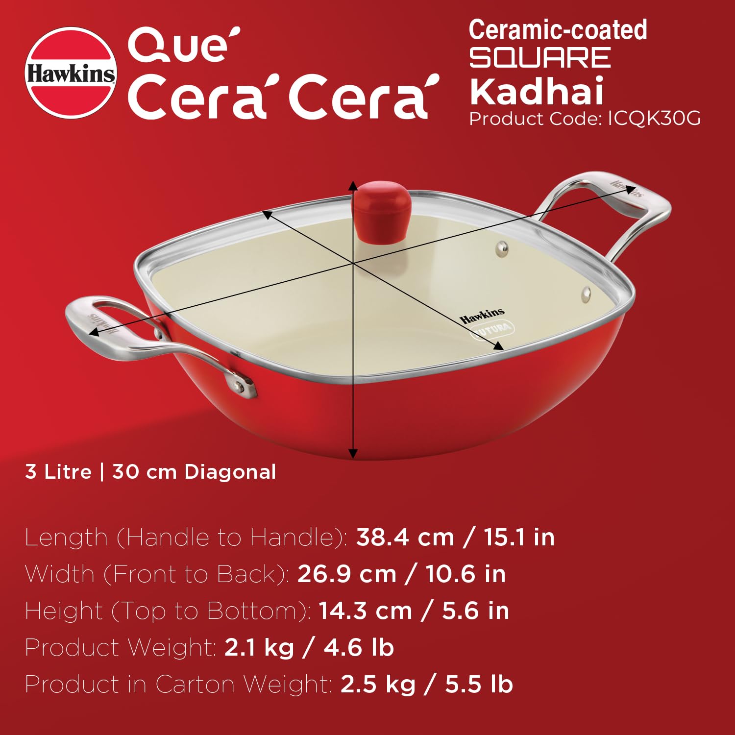 Hawkins 3 Litre Qué Cerá Cerá Kadhai with Glass Lid – Induction & GasSquircle Shape Kadai for Frying | Sautéing & Everyday Cooking | Red (ICQK30G) - Alternate View