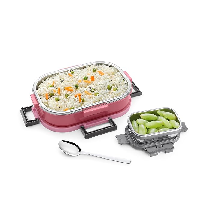 Go24 pexpo Tasty Bite Stainless Steel Insulated Tiffin Box for Kids (650ml) & Small Container (150ml) with Spoon - Pink