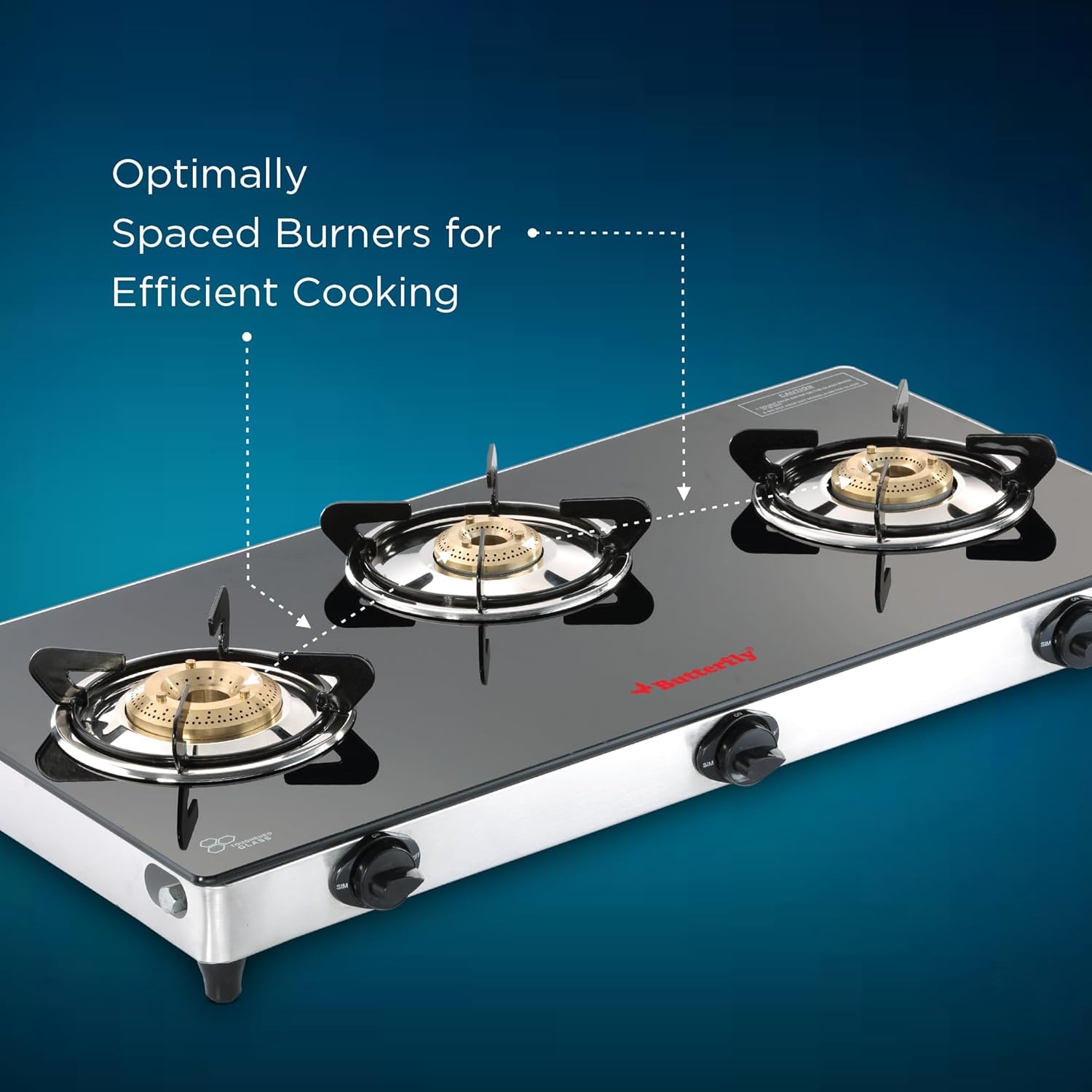 Butterfly Radiant Jumbo 3 Burner Glass Top Gas Stove | Tri-pin Brass Burners - Alternate View